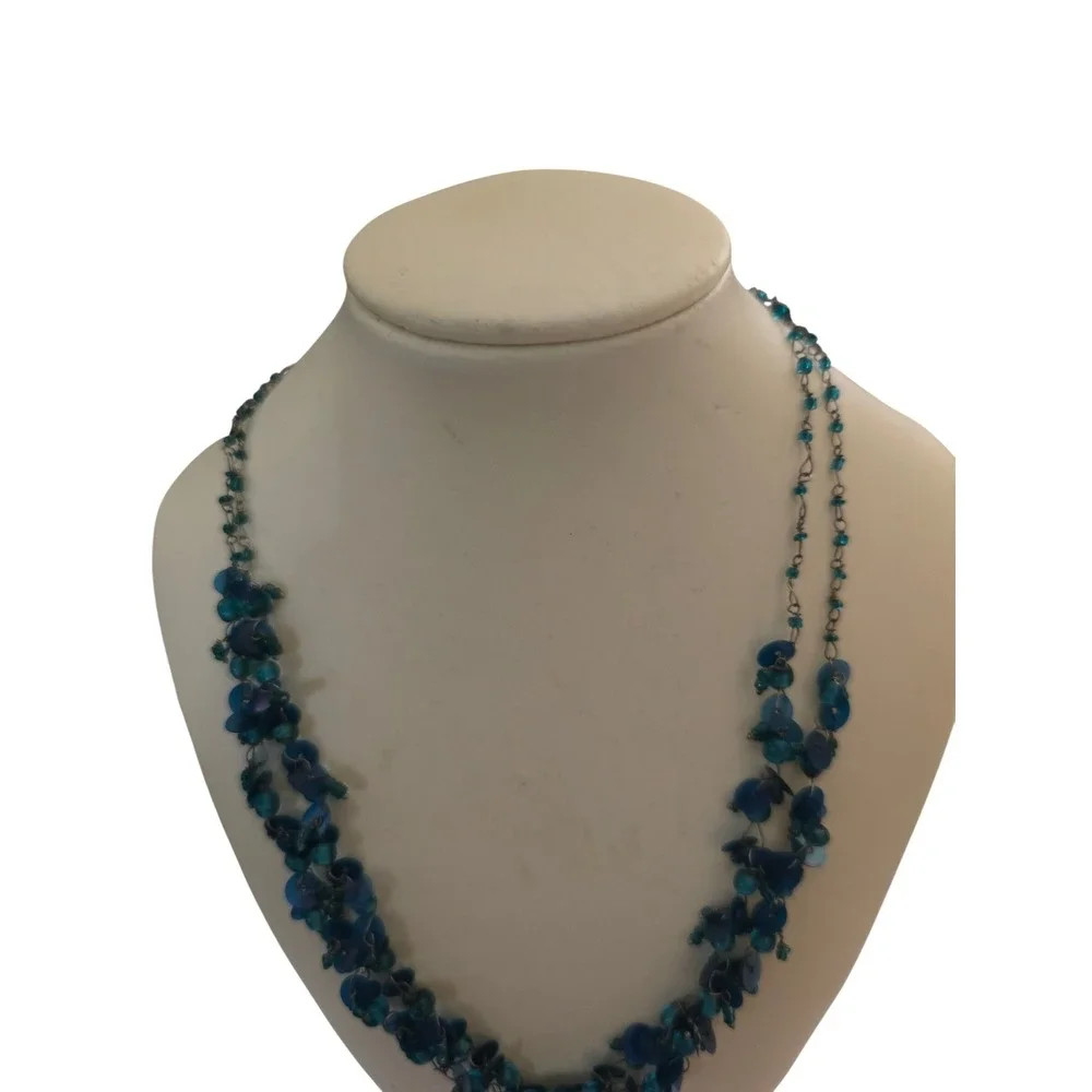 Teal Blue Multi Strand Beaded Sequin Statement Necklace Boho Layered Jewelry